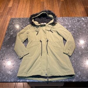 Zara Basic Women's Parka Faux Fur Hoody Jacket Olive Green Sz Small Winter Snow